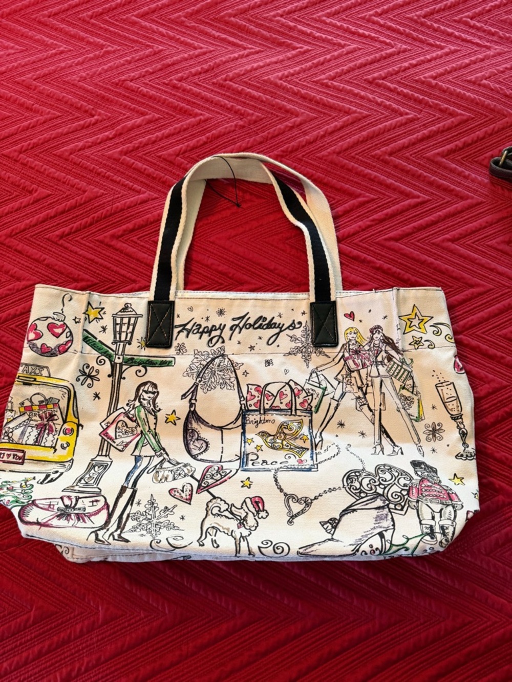 Brighton Cream Canvas Holiday Print Tote with Multicolor Accents